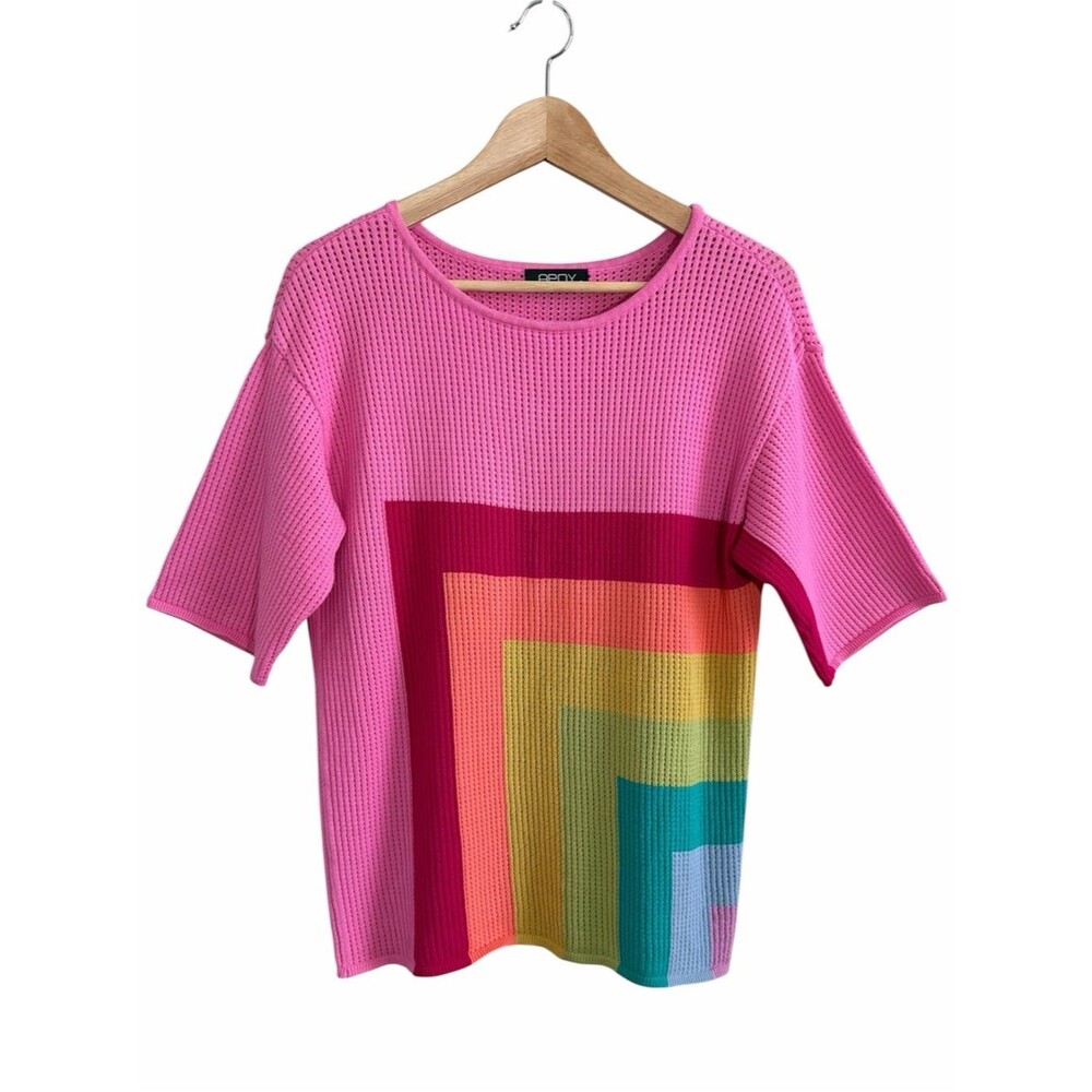 APNY Pink Rainbow Colorblock Open Knit Short Slv Sweater Women Size S Pullover